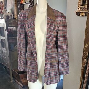 Vintage 70s PENDLETON BRITISH Pattern Tailored Brown Suede Trim Blazer Size 10